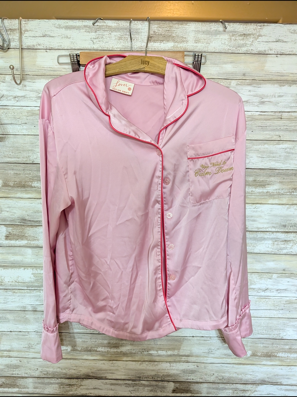 Taylor Swift Light Pink Satin Pajama Shirt with Hot Pink Piping